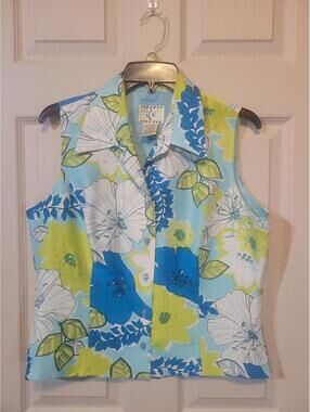 Vintage ICE Sleeveless Floral Button-Up Top with Beaded Detail